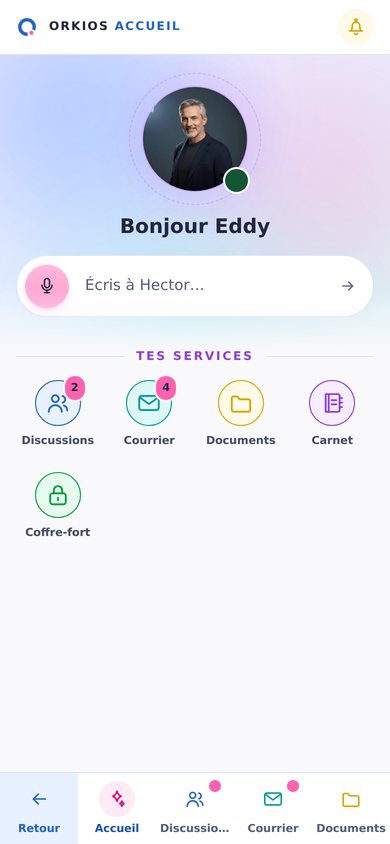 Orkios Connect sur le téléphone : l’accueil, la ligne pour écrire à Hector et vos services